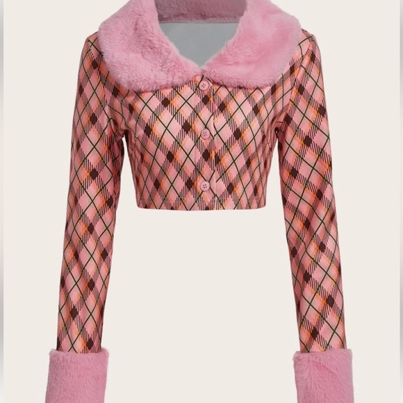 Jackets & Blazers - NEW ICON Argyle Print Borg Collar Crop Jacket